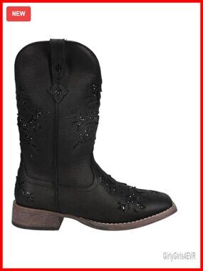 Faux Leather Glitter Square Toe Pull On Mid Calf Cowboy Boots
